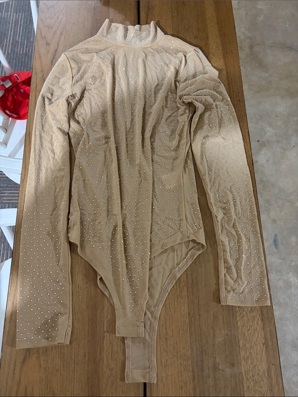 Beige Rhinestone Turtleneck Bodysuit Sweater Top